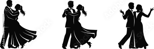 Ballroom dance silhouettes, elegant couples, formal attire, graceful movement, partner dancing, performance art, black vector illustration, dancing poses
