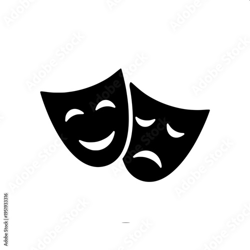 Minimal black silhouette icon of two theatre masks, comedy and tragedy, overlapping faces with happy and sad expressions, flat vector design, isolated on white background