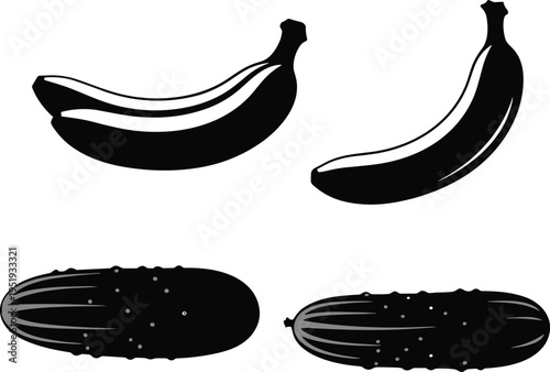 Banana and cucumber silhouettes, fruit and vegetable illustration, food diversity concept, healthy eating design, botanical comparison, nutrition theme