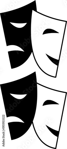 Minimal black silhouette icon of two theatre masks, comedy and tragedy, overlapping faces with happy and sad expressions, flat vector design, isolated on white background
