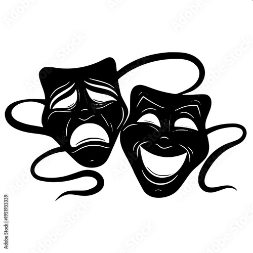 Minimal black silhouette icon of two theatre masks, comedy and tragedy, overlapping faces with happy and sad expressions, flat vector design, isolated on white background