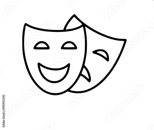 Minimal black silhouette icon of two theatre masks, comedy and tragedy, overlapping faces with happy and sad expressions, flat vector design, isolated on white background