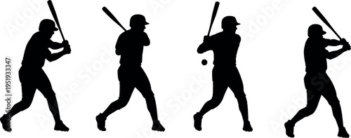 Baseball player silhouette vector illustration with swinging bat sequence, hitting ball motion, sports action artwork, athletic movement design inspiration