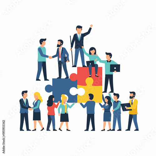 A collaborative corporate team succeeds in building a symbolic puzzle, representing effective partnership, teamwork, and achieving goals together in a vibrant and dynamic business environment