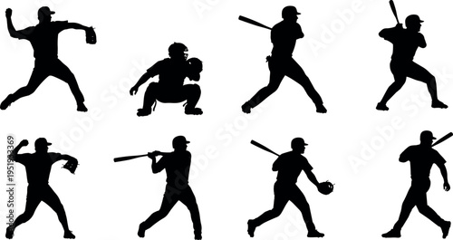 Baseball player silhouettes in dynamic action poses, pitching, batting, catching, running, sports vector illustration for athletic design themes