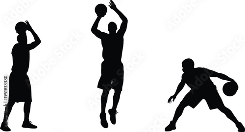 Basketball player silhouettes illustration, dynamic action poses vector design, shooting dribbling jumping icons, sports movement art collection
