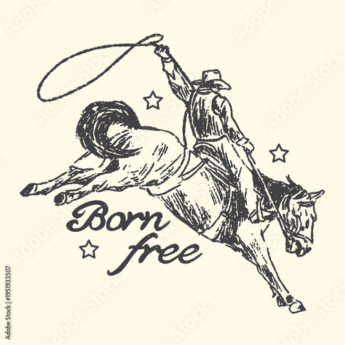 Vintage western illustration graphic design featuring a determined cowboy expertly riding a bucking bronco while swinging a lasso high above his head.