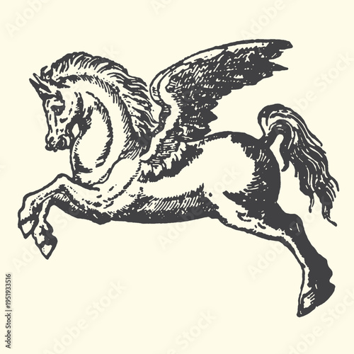 Vintage mythological Pegasus vector graphic illustration design depicting a majestic winged horse soaring gracefully with an antique woodcut style on a light background.
