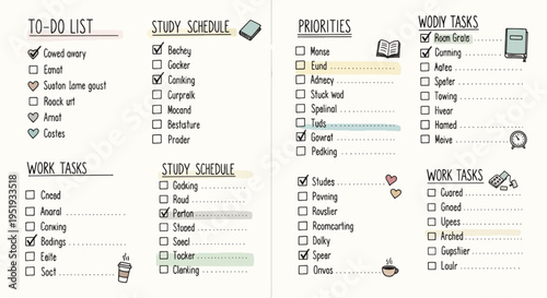 Open diary pages display meticulously organized to-do lists, study schedules, priorities, and various tasks, showcasing an efficient personal planning system for managing daily life effectively