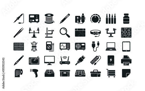 Soldering workstation setup including soldering iron device, soldering station control unit, solder wire spool, desoldering pump