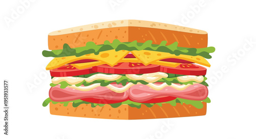 A delicious sandwich cut in half, showcasing its layers of meat, cheese, lettuce, and tomato on a white background