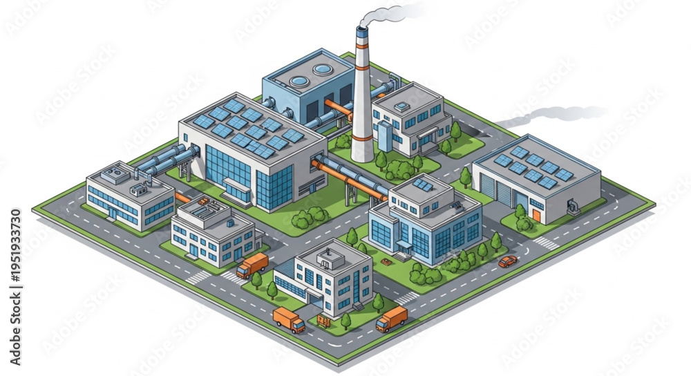 Obraz premium 3D Isometric Factory Buildings with Chimney.