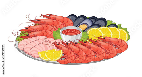 A vibrant seafood platter with shrimp, mussels, and fish, served with lemon slices and a side of red sauce.