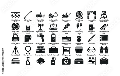 Live performance rig accessories featuring stage lighting rig bar, LED tube light bar, laser light projector, smoke machine device