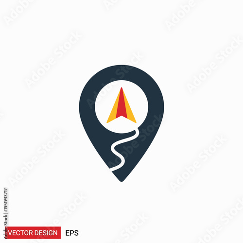 A depiction of a dark blue location pointer, adorned with a compass bearing the colors of yellow and red, indicates a winding route or course, symbolizing guidance and navigational precision