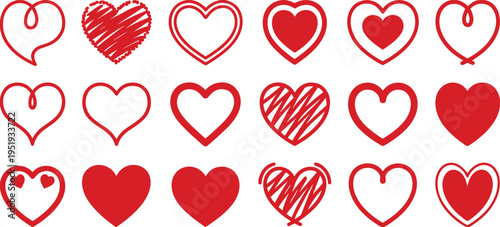 Assortment of Red Heart Shapes in Various Styles and Fillings on White Background love romance