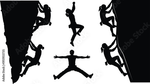   
Black silhouette illustration of climbers scaling jagged and smooth rock walls with one airborne figure showing dynamic adventure motion