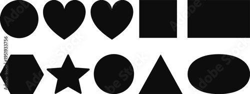 Collection of Black Geometric Shapes Including Circle, Heart, Square, Hexagon, Star, Triangle, and Oval