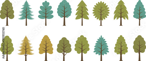 Assortment of stylized trees in various green and brown tones on a white background