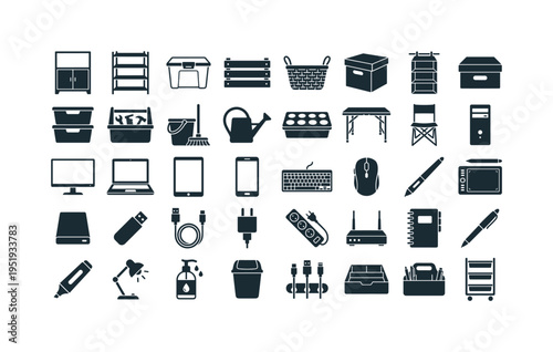 Balcony storage setup including storage cabinet, shelving unit, plastic bin container, wooden crate, wicker basket, storage box