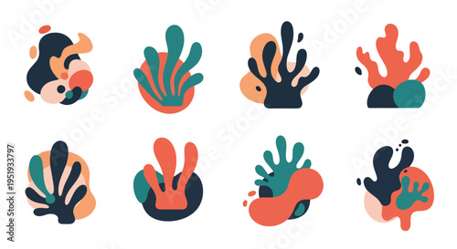 A set of organic abstract artistic shapes create a natural collage feel, representing seaweed, coral, and aquatic life, arranged in a visually appealing decorative pattern with artistic flair