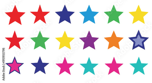 A vibrant array of multicolored star shapes is arranged in a pattern, displaying a cheerful and playful aesthetic, representing creativity and imaginative design for festive decorations