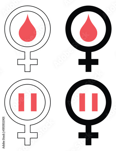 Menstruation and menopause symbols for women’s health, period tracking, hormonal change, and female wellness icon collection, vector