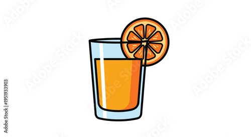 A cartoon glass of orange juice with a slice garnish on a white background