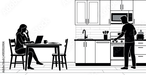 Black and white kitchen scene illustration, domestic lifestyle vector artwork showing cooking and working activities for creative background design
