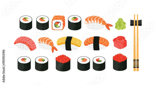 A colorful illustration of various sushi pieces and chopsticks on a white background