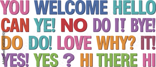 Colorful 3D Block Letters Spelling Out Various Words and Phrases on White Background text