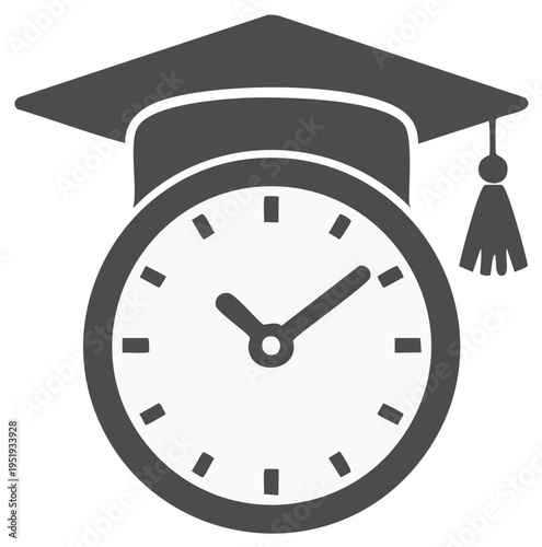 Graduation cap on a clock face symbolizing academic time management learning periods and educational deadlines