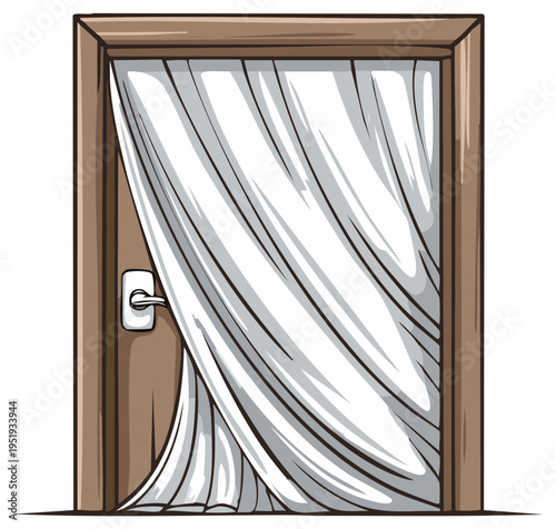 Wooden door with white fabric curtain draping partially across the doorway opening, room decor