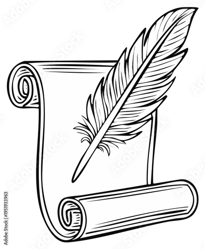 Elegant Scroll and Feather Quill Pen Illustration for Vintage Writing or Lettering Design