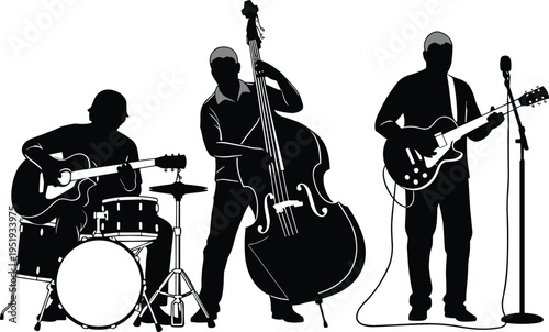 Black and white silhouette illustration of three musicians performing live with drums, acoustic guitar, double bass, and electric guitar