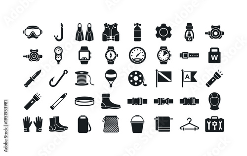 Subsea image making accessories featuring diving mask, snorkel tube, diving fins pair, buoyancy control device vest, scuba tank