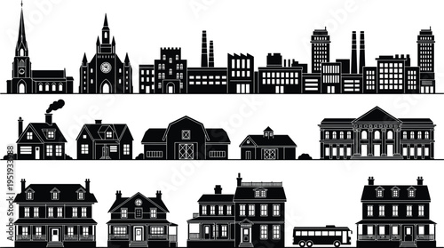 Black silhouette illustration of diverse buildings including urban skyscrapers, rural barns, suburban houses, churches, factories, and architectural landmarks