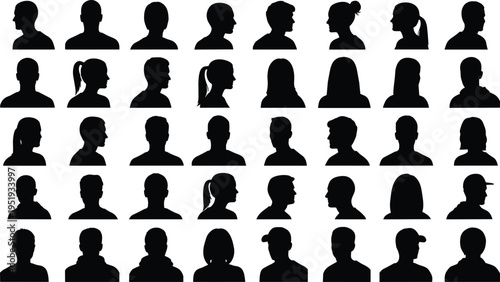 Black silhouette illustration of diverse human head profiles with varied hairstyles and shapes representing people and facial diversity
