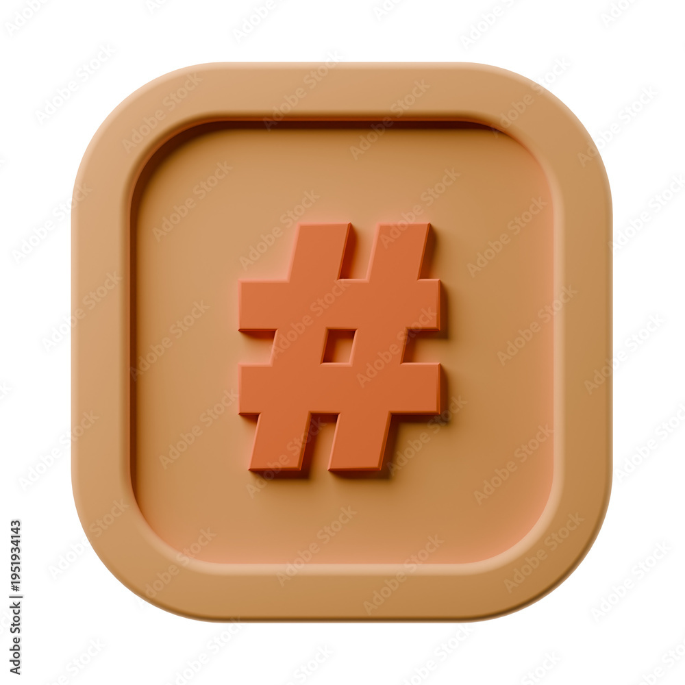 Fototapeta premium 3D # Icon, Rounded Square Button, Orange Minimal UI Symbol, Soft Design