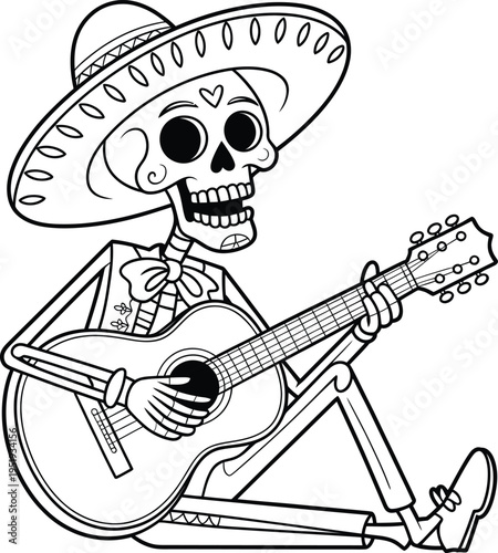 Dia de los muertos skeleton playing acoustic guitar wearing a sombrero