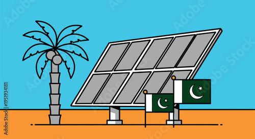 Solar panel installation with Pakistani flags and palm tree