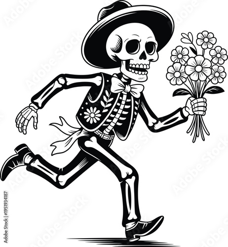 Running skeleton in a suit and hat holding a bouquet of flowers, dia de los muertos style illustration