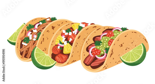 A vibrant illustration of five tacos filled with various ingredients and garnished with lime wedges