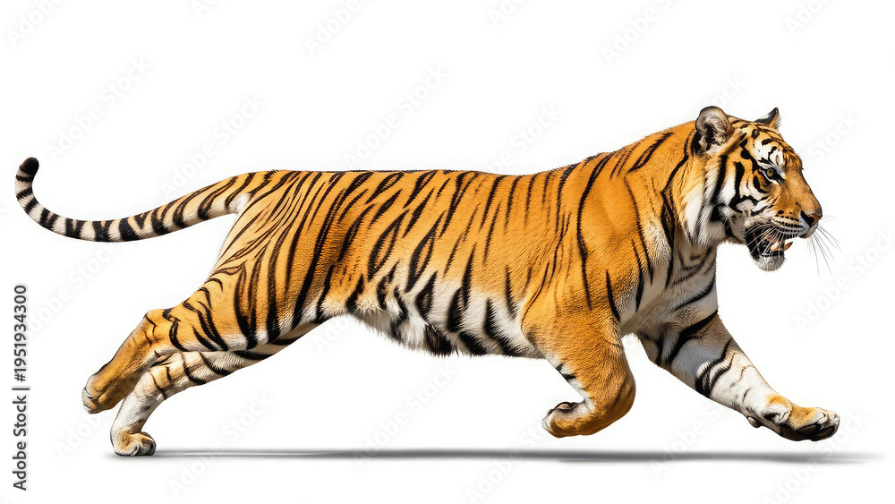 Obraz premium A tiger is running quickly across a plain white background