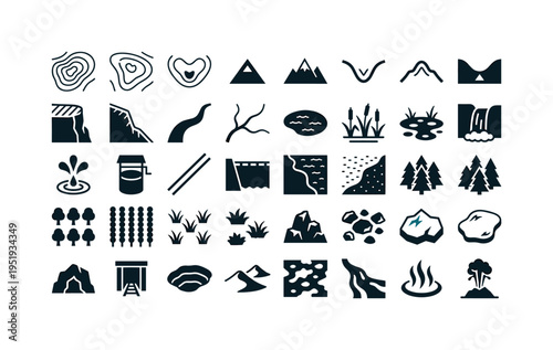Topographic map symbols including contour lines elevation, index contour line, depression contour mark, hill summit triangle,