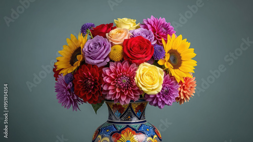 A vibrant bouquet of colorful flowers in a decorative vase