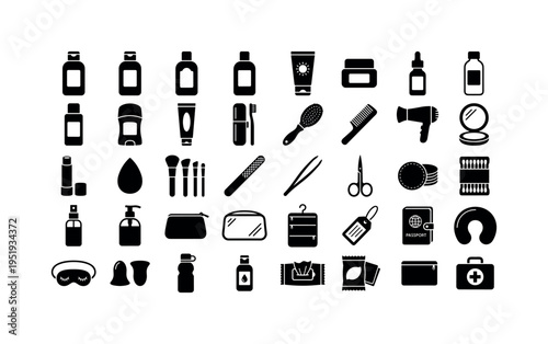 Travel cosmetics essentials including travel shampoo bottle, travel conditioner bottle, travel body wash bottle, travel lotion