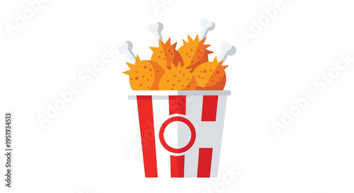 A cartoon illustration of a red and white striped bucket filled with fried chicken wings