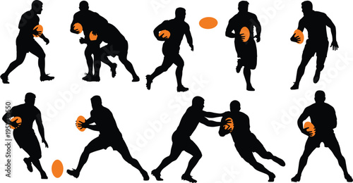 Black silhouette illustration of nine rugby players in dynamic action poses with orange ball highlighting gameplay and teamwork