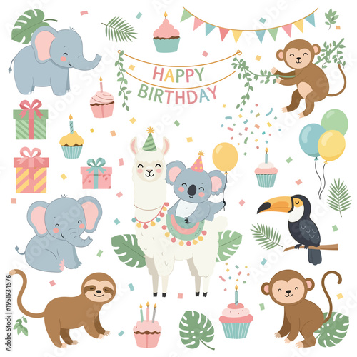 Delightful cartoon animals, including elephants, monkeys, a llama, a koala, and a sloth, are joyfully celebrating a birthday with festive cupcakes, presents, balloons, and decorations in a fun